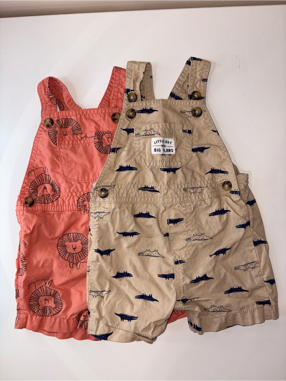 Little Guy Khaki Alligator Print  & Coral Lion Shortall Set Just One You 6 Mos